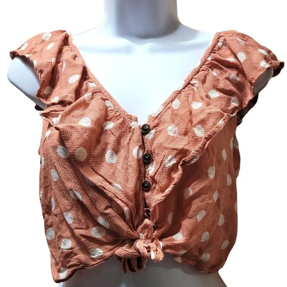 Jolt Tops - Jolt Women's Size Medium Polka Dot Ruffle Crop Top Short Sleeve Button Front